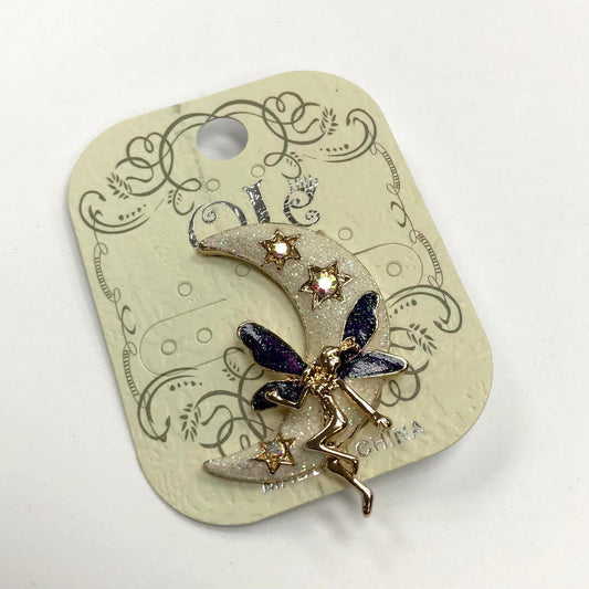 Gold Fairy on Glitter Moon Pin / Brooch