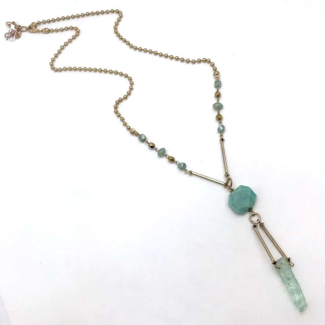 Sunrise USA Long Ball Chain Necklace with Amazonite and Blue Quartz Point
