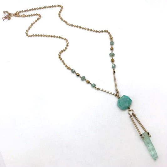 Sunrise USA Long Ball Chain Necklace with Amazonite and Blue Quartz Point