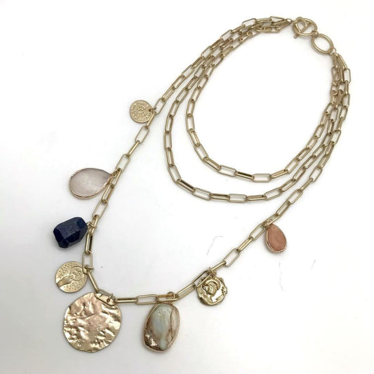 Sunrise USA Triple Layer Matte Gold Toggle Chain Necklace with Four Stones and Coins