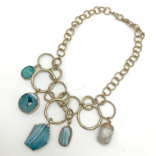 Sunrise USA Large Circle Link Matte Gold Chain Necklace with 5 Stones