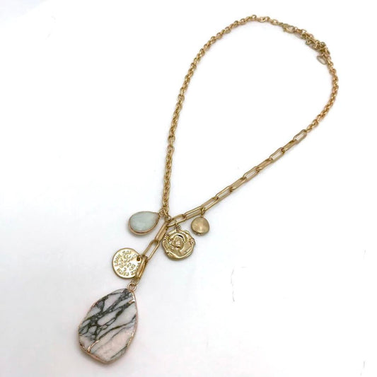 Sunrise USA Matte Gold Mixed Link Chain Necklace with 2 Stones and Coins