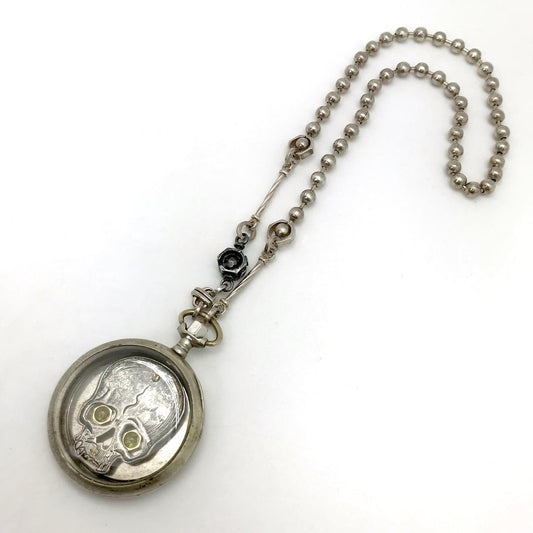 Antique Brass Skull Pocket Watch Style Ball Chain Choker Necklace
