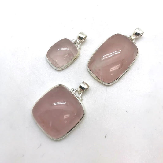 Rectangle / Square Silver Lined Rose Quartz Pendant