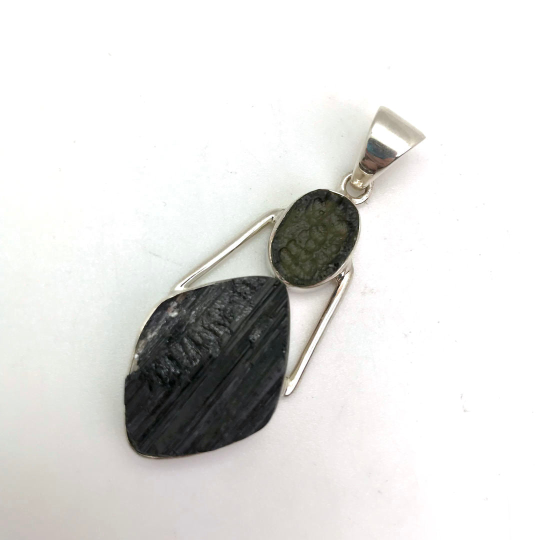 Raw Moldavite and Tourmaline Pendant